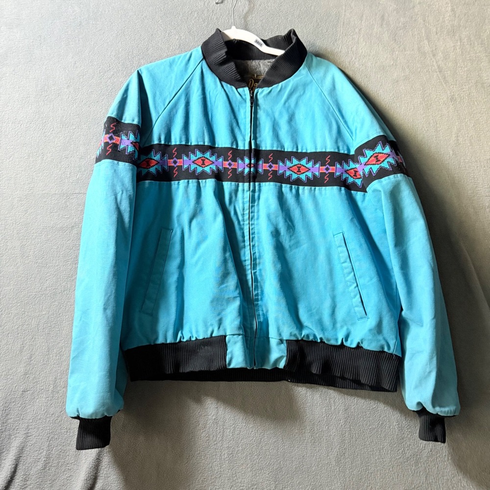 Vintage Davis James Turquoise Southwestern Bomber Jacket Mens XL Made in USA